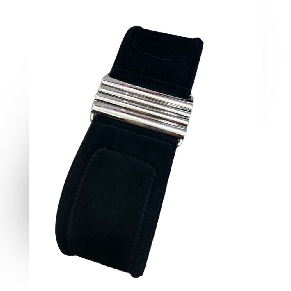Anne Taylor Black Suede elastic back Belt Silver interlocking Buckle Size Small - Picture 4 of 6